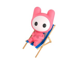 Wall Mural - Pink Monster character sit on beach chair in 3d rendering.