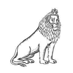 Wall Mural - Lion Sitting Wearing Tiara Etching Black and White