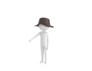 Wall Mural - Stick Man Wear Leather Bucket Hat character pointing to the ground in 3d rendering.