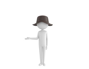 Wall Mural - Stick Man Wear Leather Bucket Hat character looking to camera and pointing hand to the side in 3d rendering.