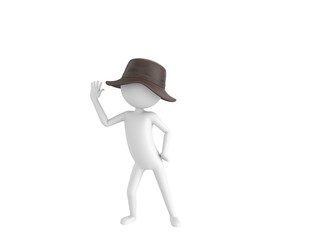 Poster - Stick Man Wear Leather Bucket Hat character hold hand near ear listening rumors in 3d rendering.