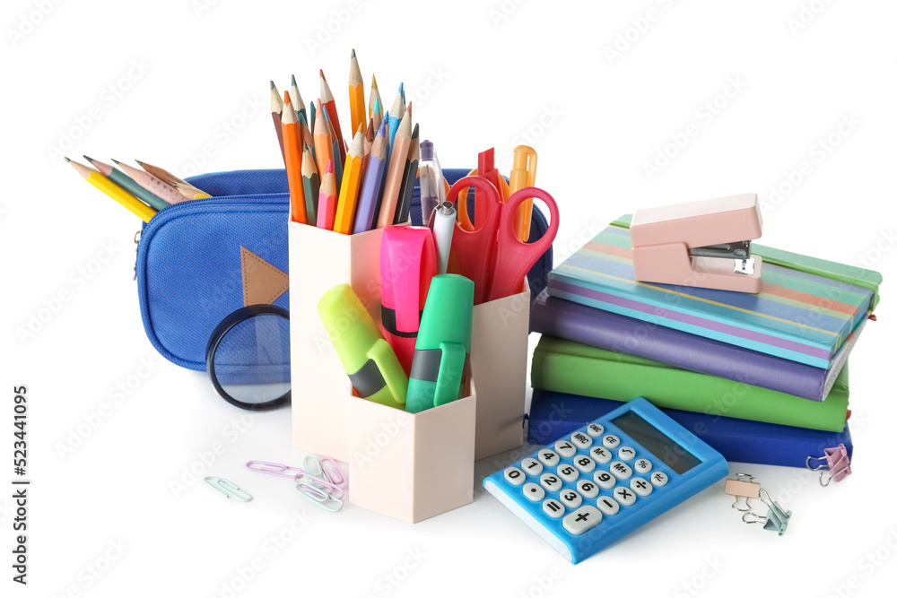 Pen cups with stationery, pencil case and books on white background
