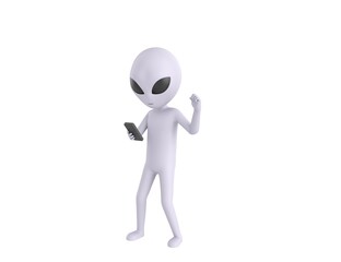 Wall Mural - Grey Alien character looking his phone and doing winner gesture with fists up in 3d rendering.