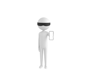 Poster - Blind Folded Stick Man character showing his phone in 3d rendering.