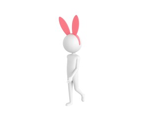 Wall Mural - Stick Man Wearing Pink Bunny Headband character walking in 3d rendering.