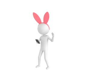 Wall Mural - Stick Man Wearing Pink Bunny Headband character looking his phone and doing winner gesture with fists up in 3d rendering.