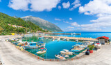 Fototapeta Boho - Landscape with boats in port of Poros town, Kefalonia island, Greece