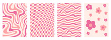 Retro Set Simple Monochrome Backgrounds In Style Hippie 60s, 70s. Trendy Collection Groovy Flowers,  Distorted Checkered And Waves Templates. Pink Colors. Vector Illustration