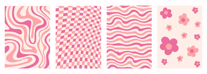 Wall Mural - Retro set simple monochrome backgrounds in style hippie 60s, 70s. Trendy collection groovy flowers,  distorted checkered and waves templates. Pink colors. Vector illustration