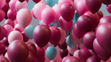 Colorful Celebration Balloons In Magenta, Pink And Pastel Blue. Youthful Background.