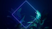 Purple And Green Neon Light With Tropical Plants. Diamond Shaped Fluorescent Frame In Jungle Environment.