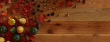 Fall Flat Lay With Leaves, Gourds And Berries. Thanksgiving Concept With Space For Text.