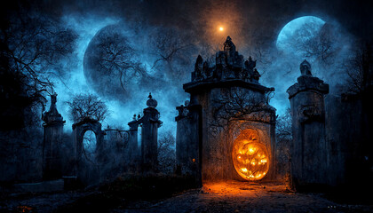 Door to cemetery with jack o lantern. realistic halloween festival illustration. Halloween night pictures for wall paper or computer screen.