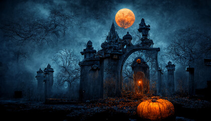 Door to cemetery with jack o lantern. realistic halloween festival illustration. Halloween night pictures for wall paper or computer screen.