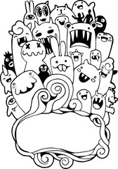 Canvas Print - Hand Drawn Monsters and cute alien friendly cartoon, doodle Style with Speech Bubbles ., illustration for coloring book ,Each on a separate layer. 
