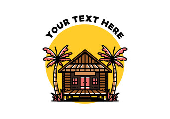 Wood house on the beach illustration badge design