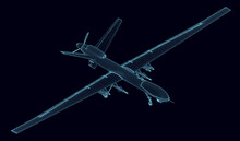 Blue Lines Unmanned Aerial Vehicle Wireframe Isolated On Dark Background. Combat Drone. Isometric View. 3D. Vector Illustration.