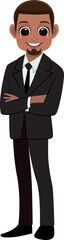 Flat icon with African American cute businessman cartoon character in office style smart black suit and crossed arms pose