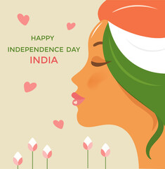 Indian independence day banner. Silhouette of a beautiful girl with Indian flag hair. The concept of celebrating Independence Day on August 15. Vector isolated flat design.