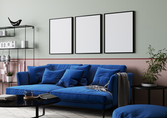 Wall Mural - Modern living room design, blue sofa on bright interior background, 3d render 