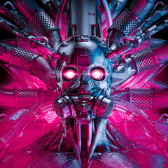 Wall Mural - toxic artificial intelligence - 3d illustration of science fiction cyberpunk skull faced cyborg with