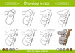 © Betswork - Drawing tutorial. How to draw a koala. Kids education worksheet and activity page. Children step by step art lessons. Vector illustration.