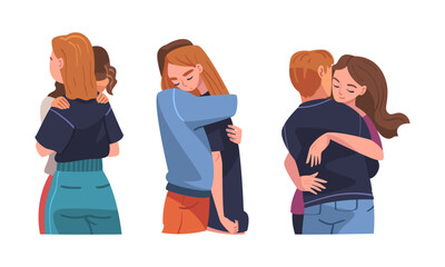 Poster - Set of young people standing together and hugging. Happy friends and romantic couples, back and side vew cartoon vector illustration