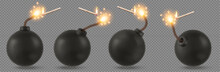 Black Bombs With Burning Fuse And Matches With Fire, Explosive Dynamite With Rope Wick Isolated On Transparent Background. Dangerous Destruction Spheres With Sparks, Realistic 3d Vector Illustration
