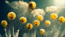 Dandelions On Blue Cloudy Background, Abstract Picture