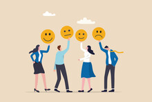 Employee Morale, Team Spirit, Work Passion Or Job Satisfaction, Worker Wellbeing Or Feeling, Attitude And Motivation Concept, Businessman And Businesswoman Team Showing Emotion Happy And Sad Faces.