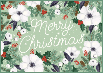 Christmas and Happy New Year illustration with Christmas tree and flowers. Vector design template.