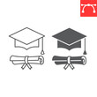 Graduation cap and diploma line and glyph icon, school and education, graduation hat vector icon, vector graphics, editable stroke outline sign, eps 10.