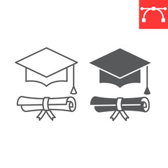 Wall Mural - Graduation cap and diploma line and glyph icon, school and education, graduation hat vector icon, vector graphics, editable stroke outline sign, eps 10.