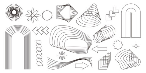 Aesthetic Y2K geometric shapes vector set. Futuristic brutalism line elements in 2000s style. Trendy retro modern forms and figures of graphic design