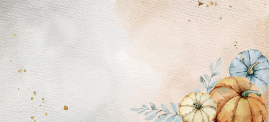 Wall Mural - watercolor vector autumn background with pumpkins and branches.