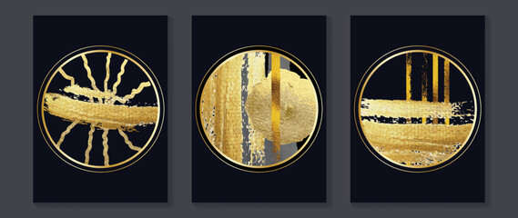 Set of abstract wall art background vector. Luxury wall decoration design with circle frames, gold brush texture, lines. Design for interior, prints, cover, and postcard, wallpaper.