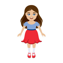 cute happy little girl in a red skirt icon vector. adorable stylish little kid girl in red shoes ico