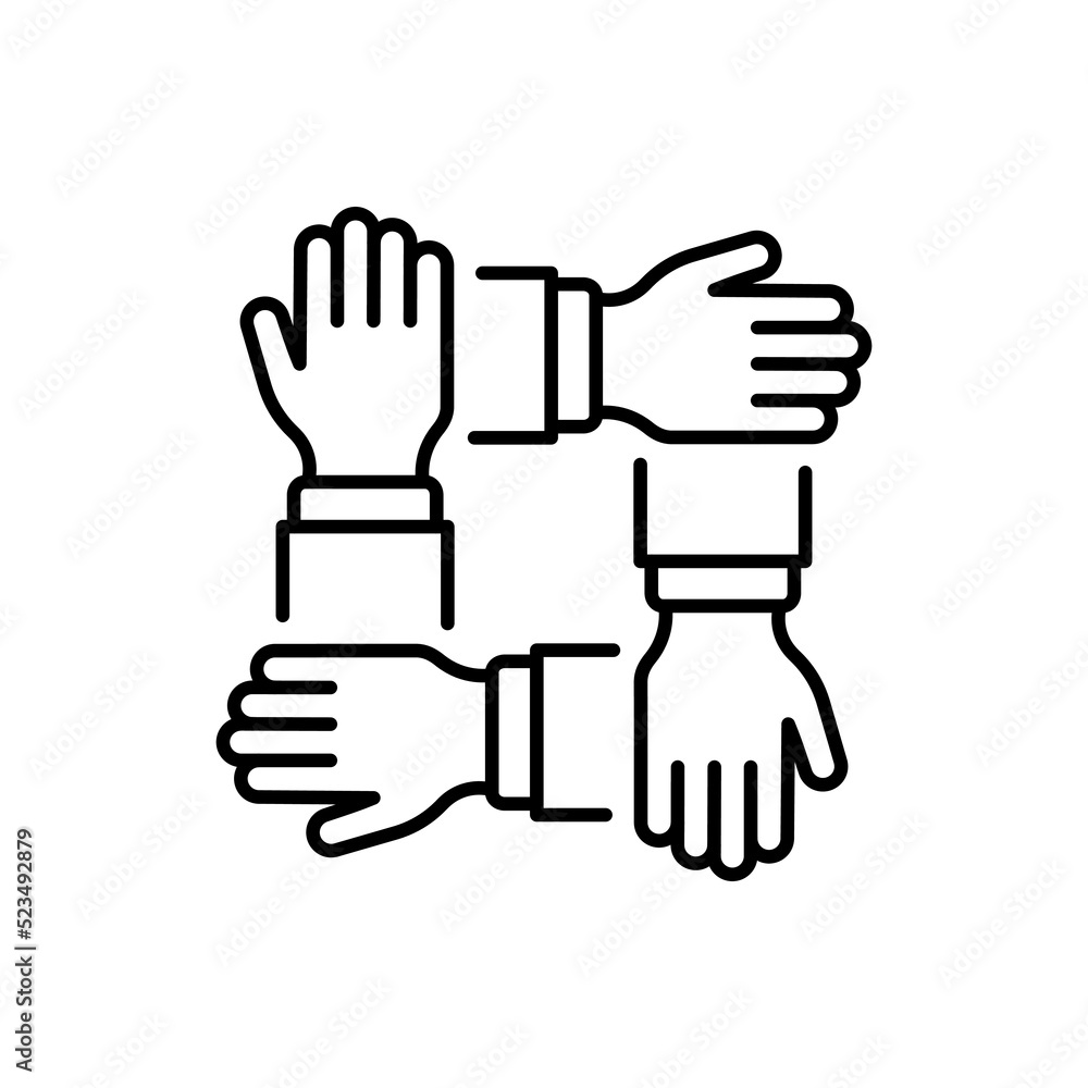 Collaboration Group Team Job Linear Pictogram. Company Participation Line Icon. Teamwork Alliance Partnership Help Together Hand Outline Icon. Editable Stroke. Isolated Vector Illustration