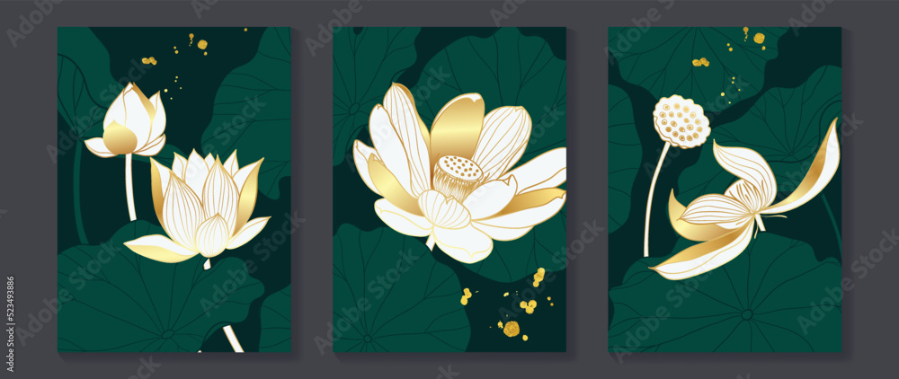 Set of golden lotus wall art vector. Elegant line art, white lotus ...
