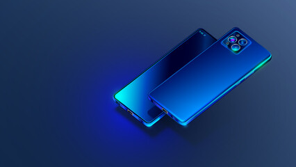 3d mobile smart phone is turned up of camera. shiny, blue phone hanging on dark grey background. cam