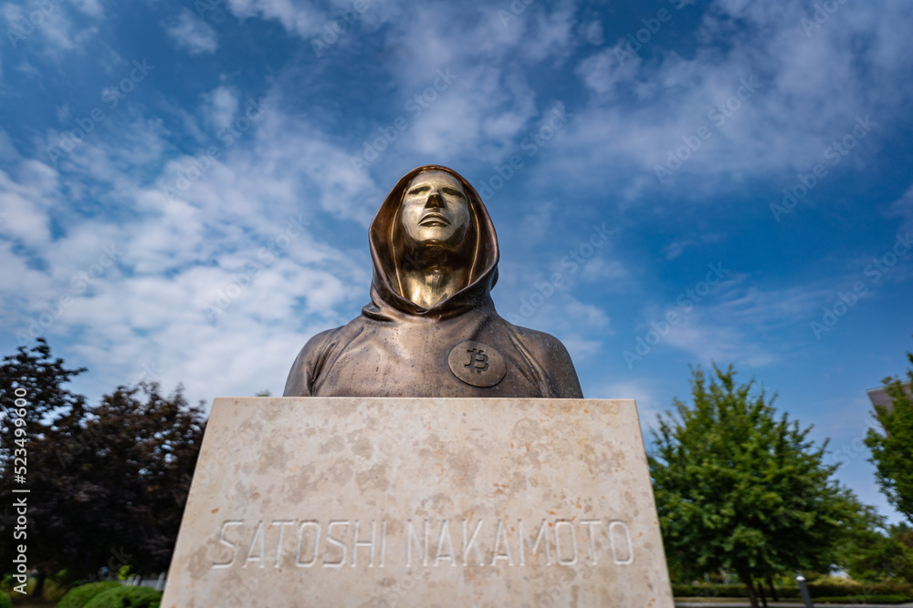 Portrait of the statue of Satoshi Nakamoto mysterious founder of ...