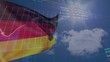 Animation of german flag waving against skyscape with infographic interface and trading board