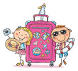 Illustration of happy kids traveling with suitcase in summer. Vacations and seaside clipart
