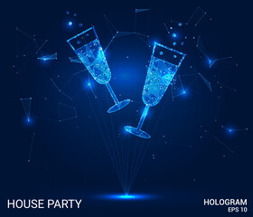 Wall Mural - A hologram of a house party. Champagne glasses made of polygons, triangles of dots and lines. Champagne glasses are low-poly compound structure. Technology concept vector.