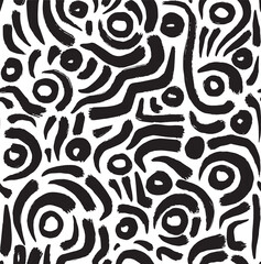 Abstract artistic seamless pattern background with black ink brush irregular stroke shapes. Black and white monochrome modern grunge textured print, wallpaper, textile