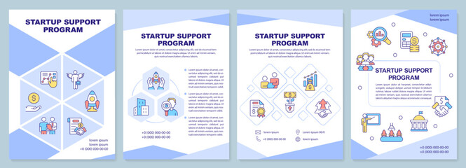 Startup support program purple brochure template. Leaflet design with linear icons. Editable 4 vector layouts for presentation, annual reports. Arial-Black, Myriad Pro-Regular fonts used