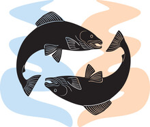 Two Fishes With Colors Background Black Design Vector Handmade Silhouette
