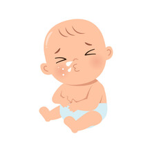 Cute Little Baby Sneeze Sick Symptom. Flat Vector Cartoon Design