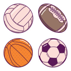 Bright colorful hand drawn set of basketball, volleyball, football and soccer ball. Isolated on white background