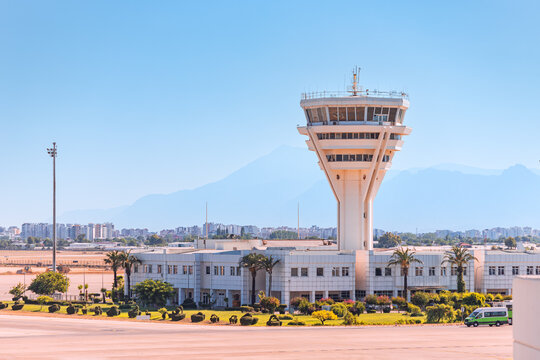 control tower at the airport serving safe takeoffs and landings of aircraft. Runway infrastructure and dispatch work